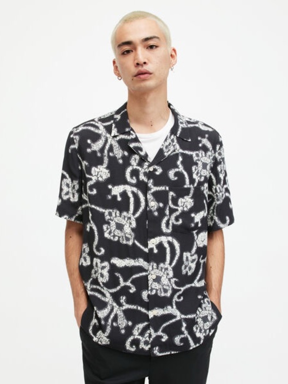 All Saints Webs Floral Print Relaxed Fit Black & White Short-Sleeve Button-Down